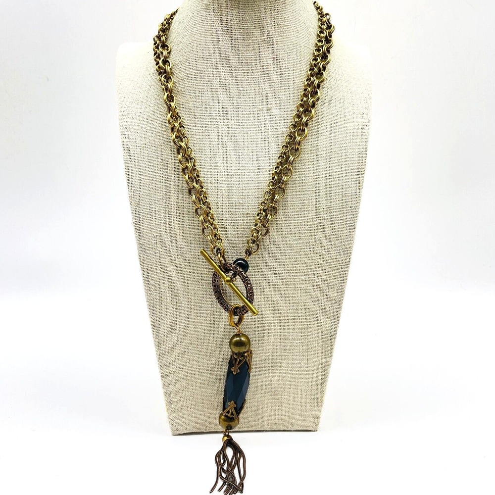 Vintage Gold Tone Chain Necklace Black Bead Tassel Pendant Statement